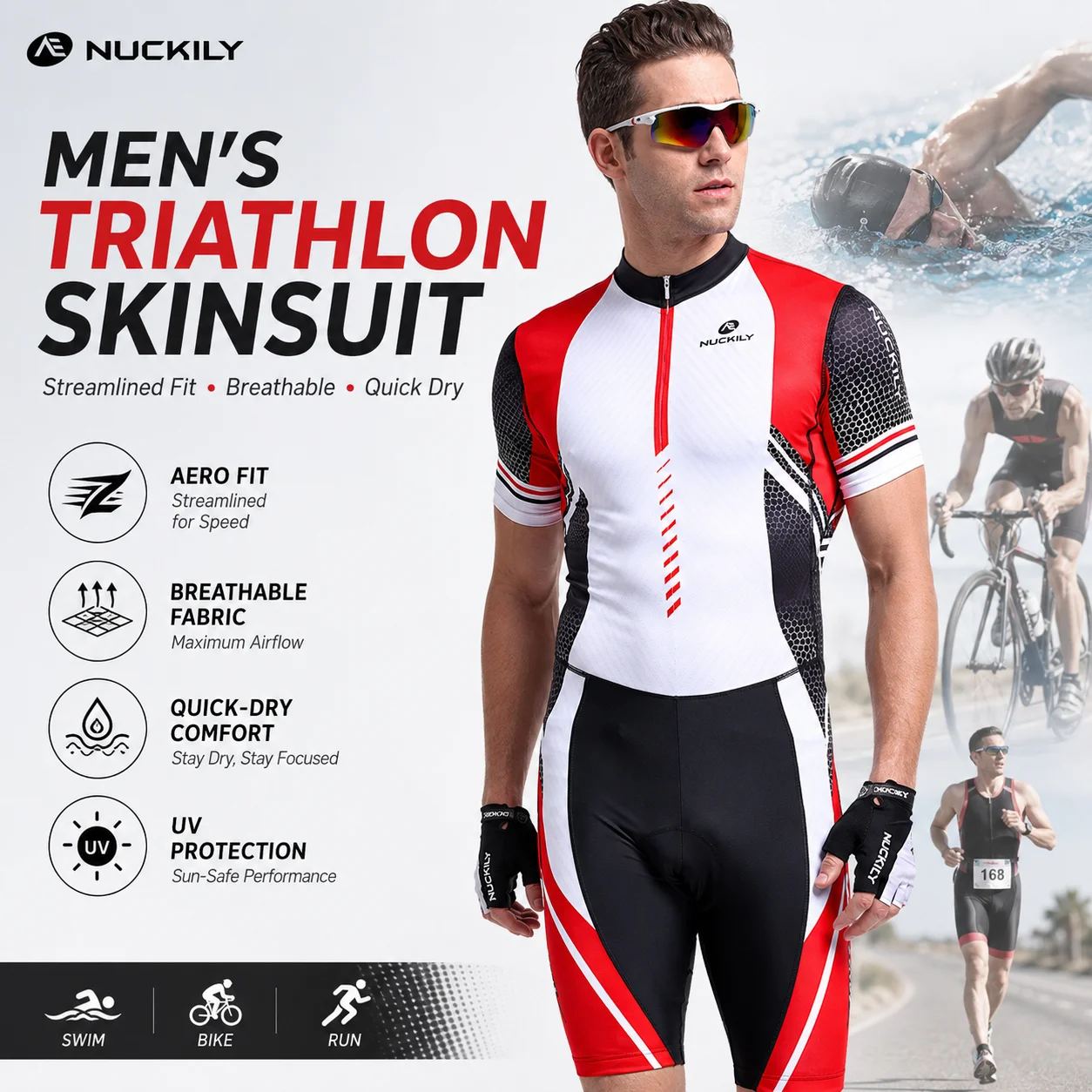 NUCKILY Men Triathlon Suit Short Sleeve One Piece Cycling Skinsuit Quick Dry Swim Bike Run Racing Jersey with Pad