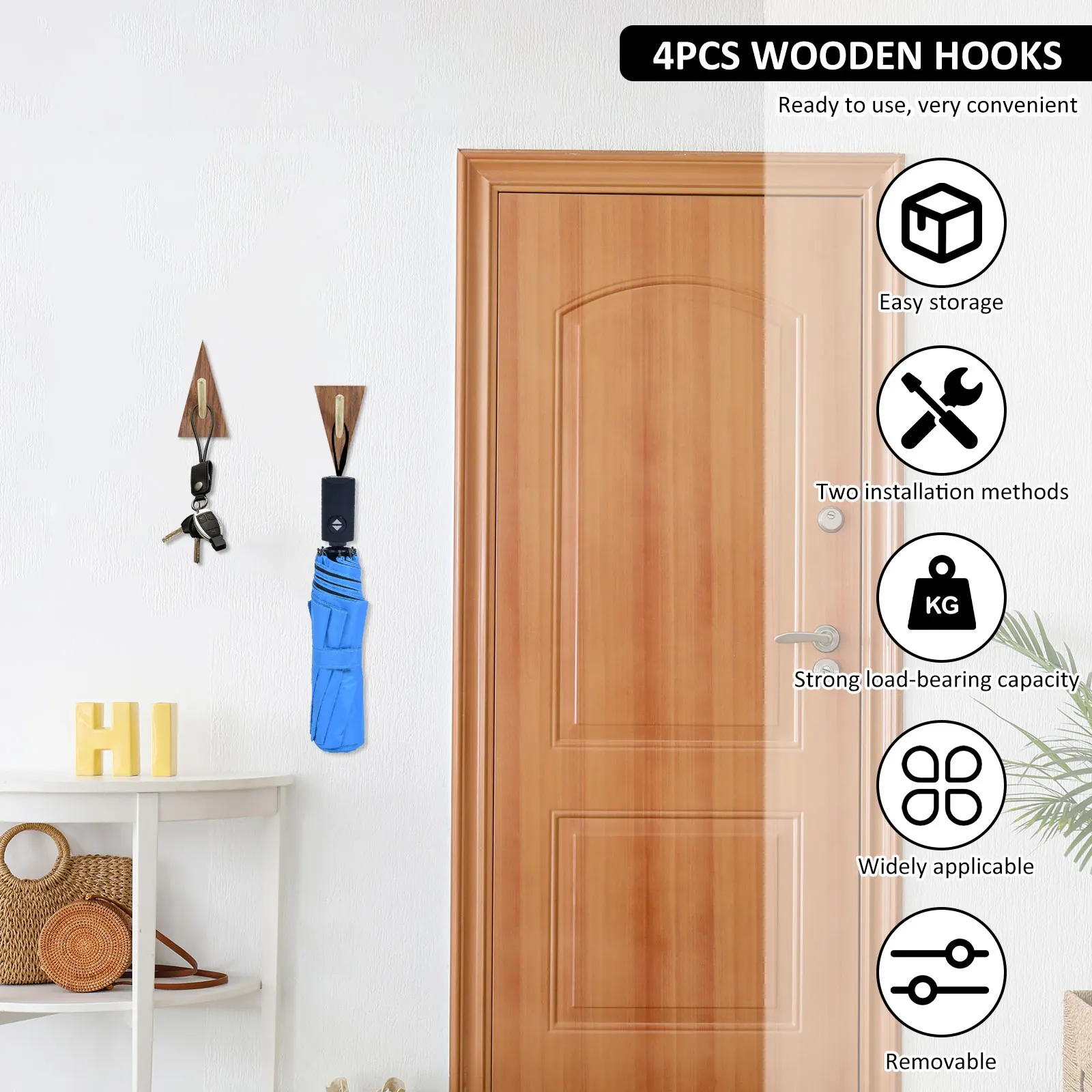 4/8Pcs Wooden Hooks Black Walnut Solid Wood Hooks Bedroom Wall Coat Hooks Punch-free Wall Key Hooks Home Decor Wall Hooks