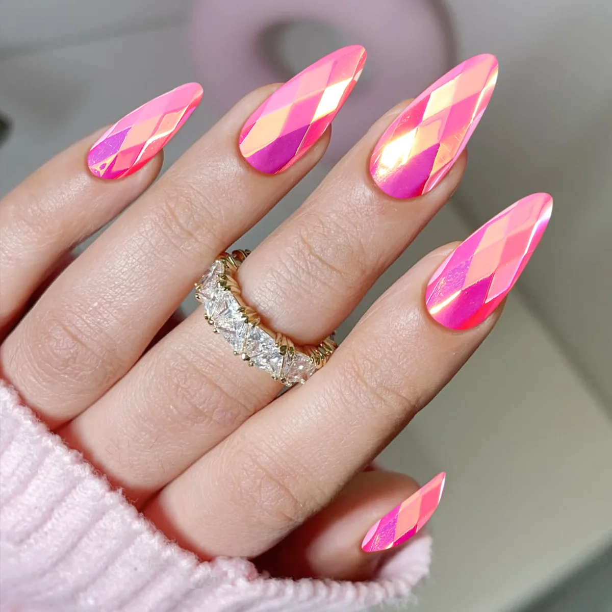 24 قطعة ضغط اللوز على الأظافر ثلاثية الأبعاد الماس المعين مطلي مرآة معدنية الأظافر وهمية يمكن ارتداؤها الحلو كول الأوروبي الأظافر كاذبة #1