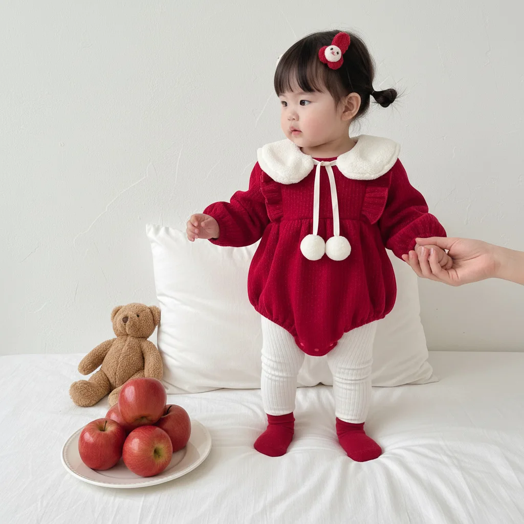 

2026 Girls' Festive Red Fur-Trimmed Thickened One-Piece Outfit for Autumn/Winter Baby New Year's Celebration Clothing