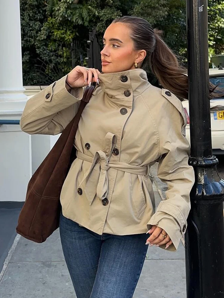 

HH Female New Fashion Pockets Double-breasted Lace-up Trench Coat Long Sleeve Women Autumn Casual Street Solid Short Coat