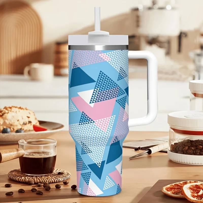 40oz Colorful Geometric Triangle Print Stainless Steel Tumbler with Handle Modern Minimalist Insulated Travel Mug