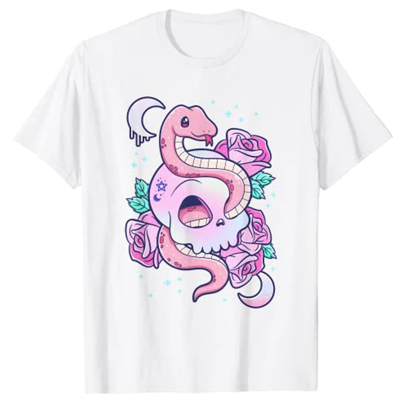 Kawaii Pastel Goth Cute Creepy Witchy Cat and Skull T-Shirt Cartoon Creepy-Skull Serpent Snake Roses Shirts 3 Headed Dog Clothes