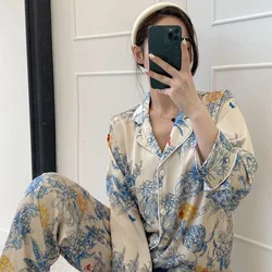 Women's Pajamas Sets Spring Autumn 2 Piece Monet Floral Pyjama Faux Silk Satin Sleepwear Long Sleeve Pijama Mujer Pjs Homewear