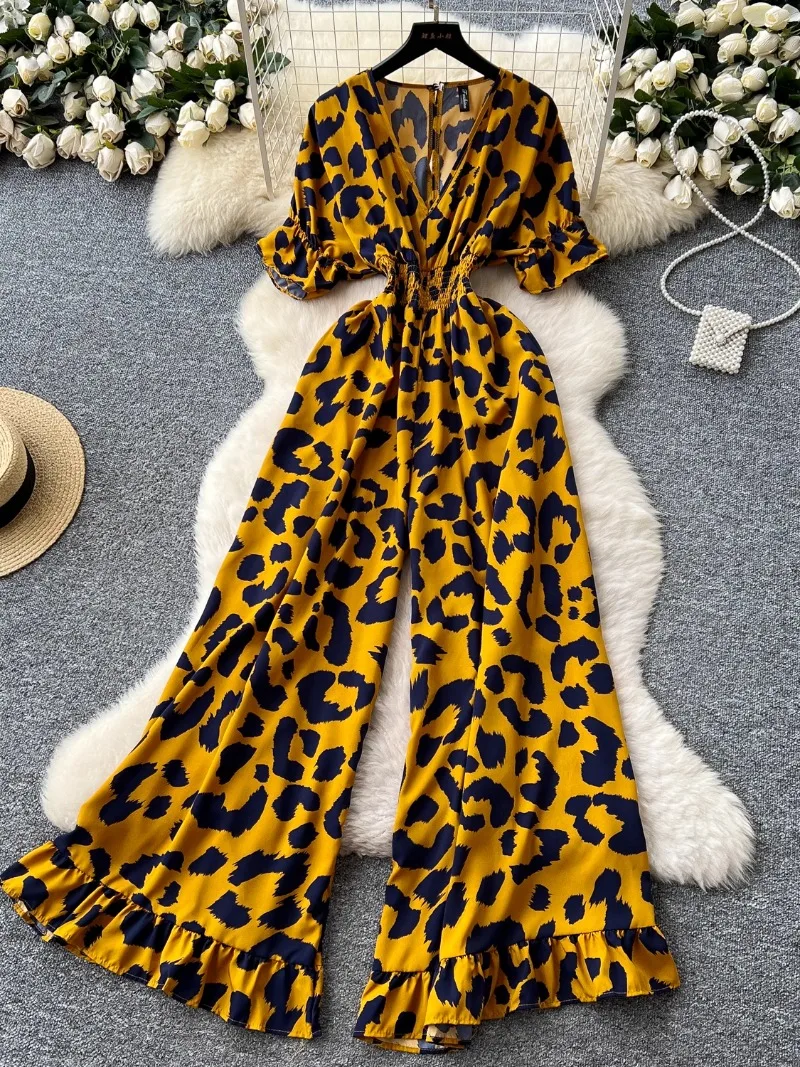 Macacão feminino de verão moda leopardo impressão outfit chique casual com decote em v manga curta elástica cintura alta magro perna larga macacão
