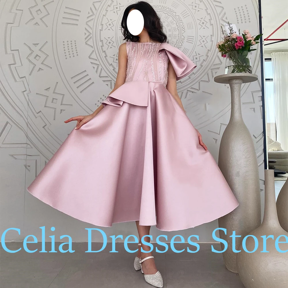 Formal Pink A-Line Tea Length Boat Neck Evening Dress Satin Sleeveless pleats Custom Size Lace Bespoke Occasion Gowns 2024