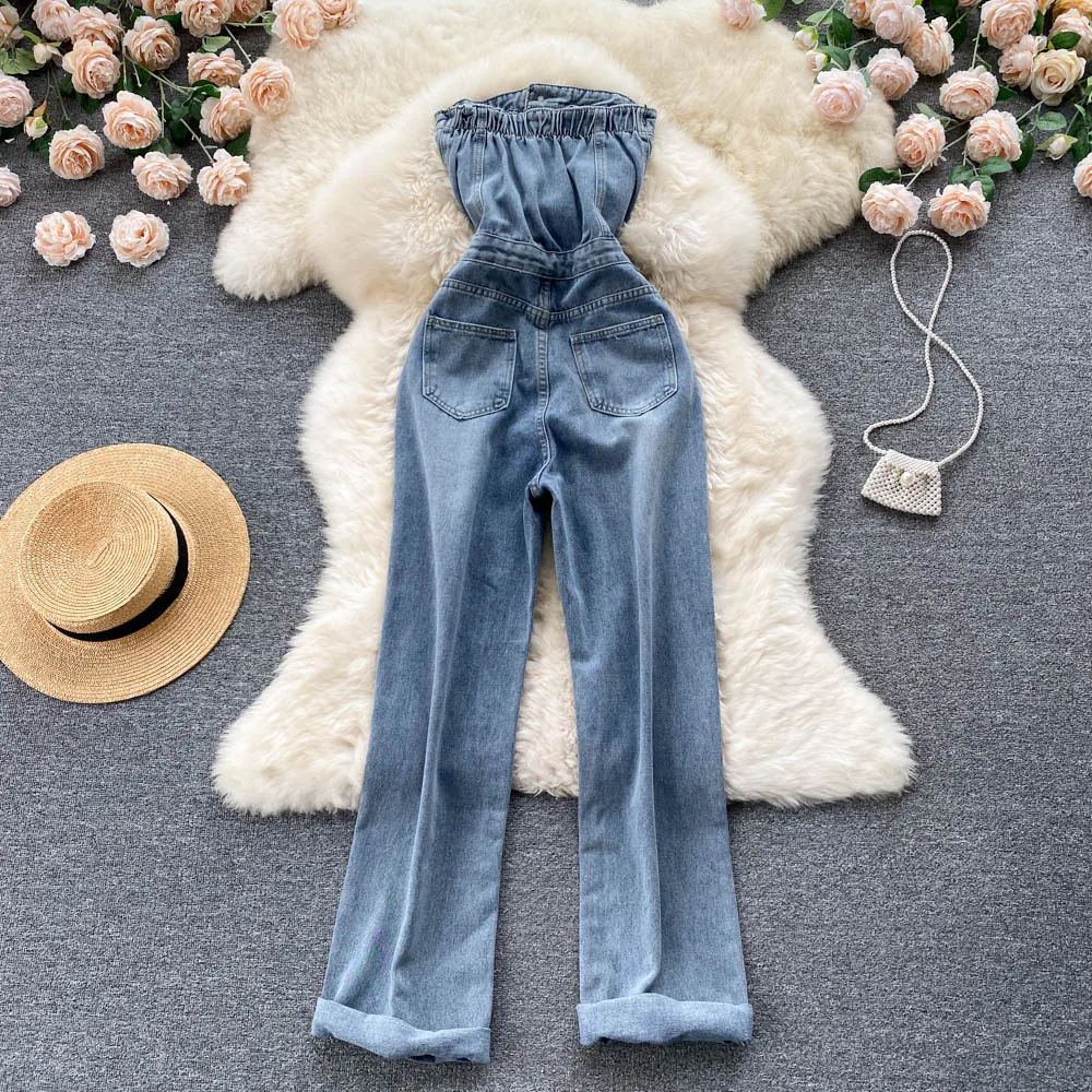 Retro Tube Top Jumpsuit Women\'s Summer 2023 New Slim Waist Buttons Up Denim Long Pants Overalls Rompers