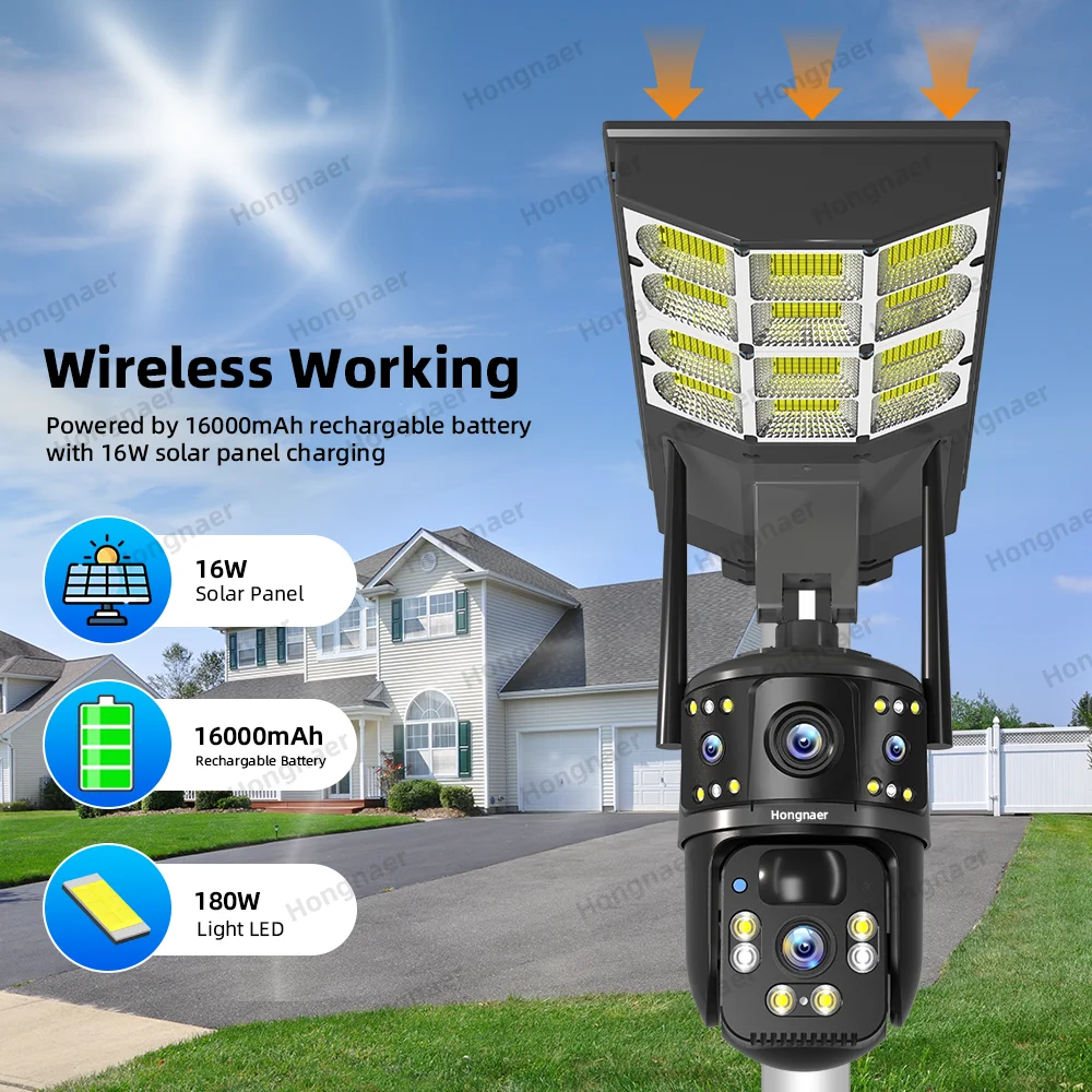 Hongnaer 8MP 4K الشمسية اللاسلكية للرؤية الليلية الذكية واي فاي في الهواء الطلق CCTV عدسة مزدوجة 4G بطاقة Sim الأمن كاميرا ضوء الشارع الشمسية