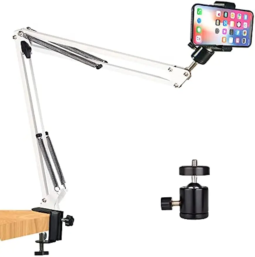 Overhead Video Mount Articulating Arm,Cell Phone Holder, Webcam Stand Lazy Desk Arm Clamp Desktop Suspension Scissor Accessory