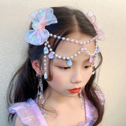 Children Girls Mermaid Princess Pearl Butterfly Fringe Bow Forehead Chain Hairpin Fairy Hair Accessories Cartoon Girls Hair Clip