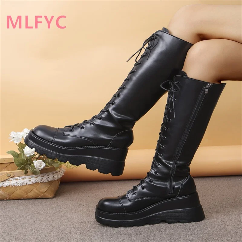 

New Large Plus Fat Autumn/Winter Long Boots for Women with Elastic Straps for Slim, Tall, Thick Sole, V-neck Knight Boots