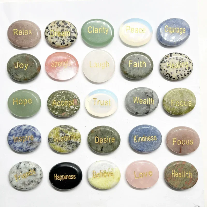 50pcs Lettered Hope Dream Heaklng Oval Worry Stone Thumb Natural Crystal Therapy Reiki Treatment Spiritual Minerals Massage