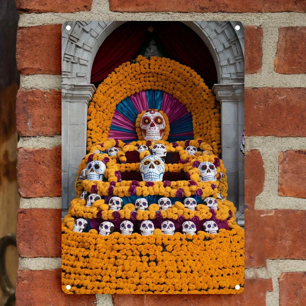 Day of the Dead Welcome Sign - Marigold & Skull Design, Tin Metal with Wooden Hanger for Outdoor Porch Decor, Perfect Housewarmi