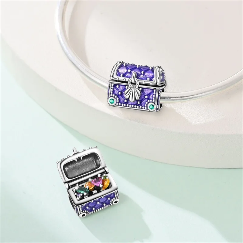 

New 925 Sterling Silver Purple Treasure Box CZ Zircon Charms Bead For Women Fit Original Bracelet DIY Anniversary Jewelry Gifts