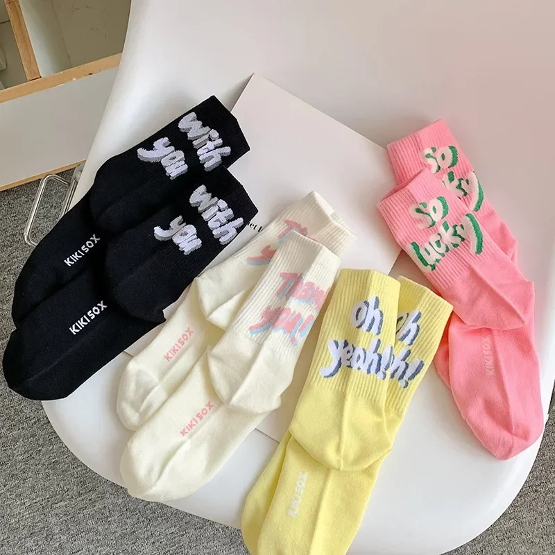 Women Streetwear Fashion Letter Print Hip Hop Skateboard Sports Socks Candy Colors Girls School Stockings Cotton High Long Socks