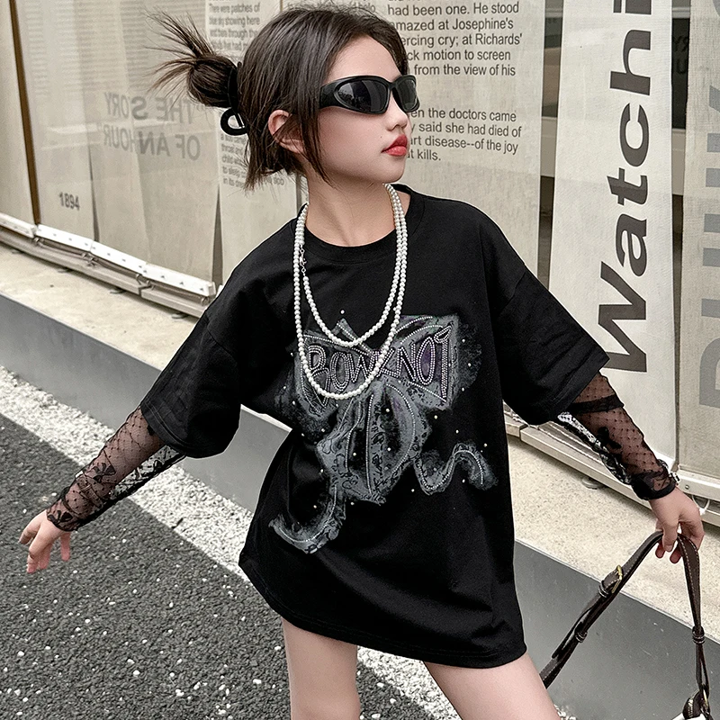 Girl\'s T-shirt Tops Summer Diamond Bow Lace Spliced Long Sleeve Teenage Girl New Fashion T-shirt Dress White&Black Child\'s Dress