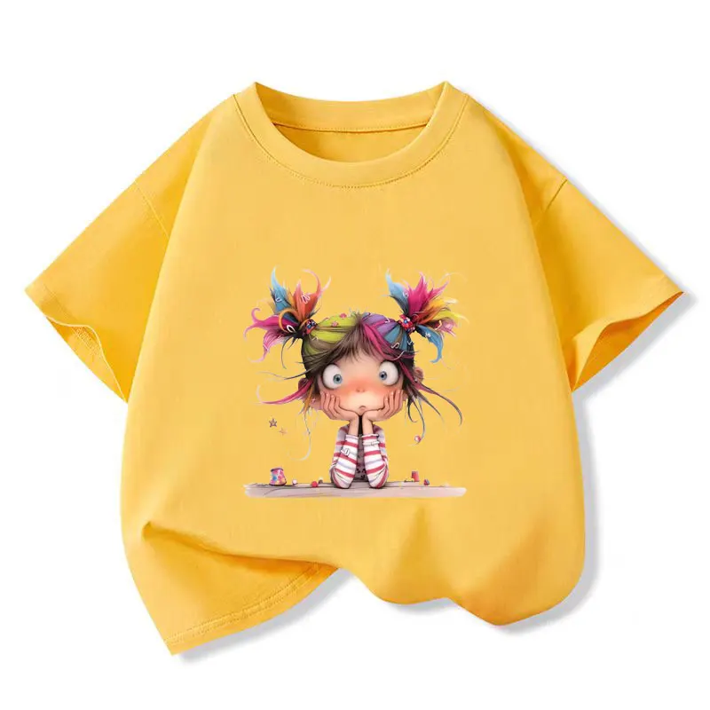 2025 New Summer Kids Girl Thinking T-shirt Purple Print Girls Tshirt Children Short Sleeve T Shirt Fashion Cotton Tee Clothes