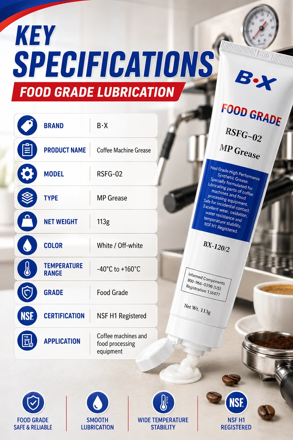 B·X RSFG-02 Kaffeemaschinen-Schmierfett Lebensmittelqualität NSF H1 Schmiermittel für Espresso-Brühgruppe O-Ring Zahnrad 113g – Detail 5