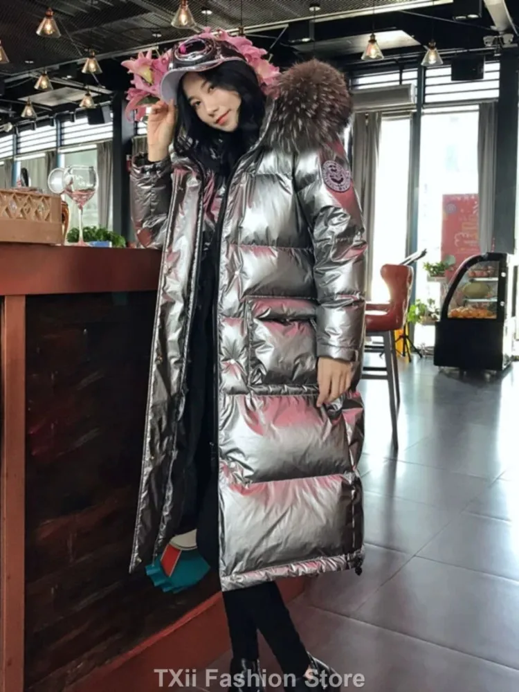 Oversized raccoon fur Down Jacket women Female Winter Natural RealFur Fur Collar 90% White Duck Down Warm Bright Leather Coat