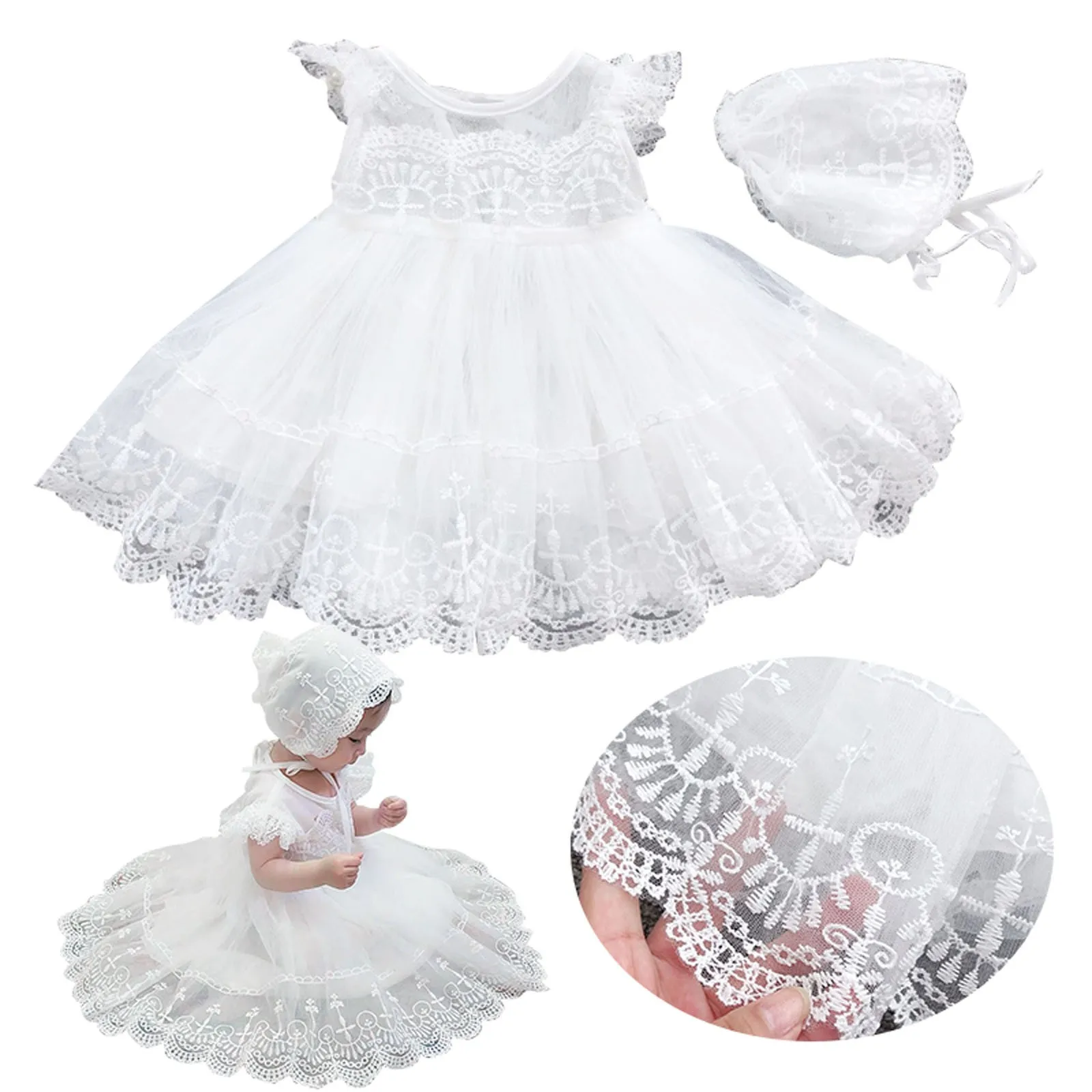 Baby Baptism Dress Newborn Wedding 1st Birthday Party Baby Girl Dress Lace Princess White Infant Baby Christening Gowns With Hat