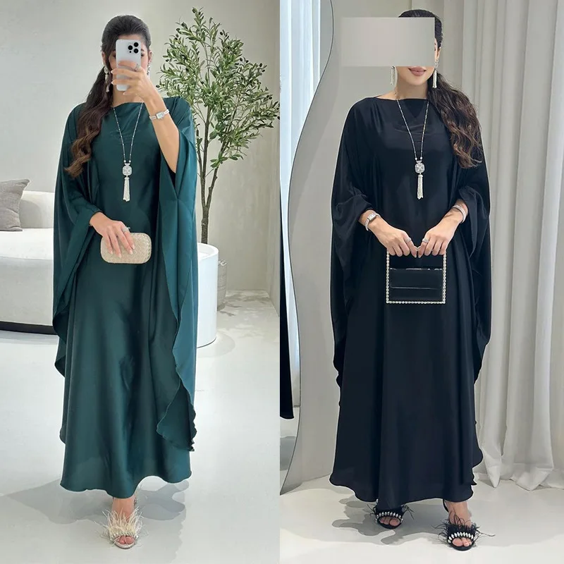 

Muslim Dress Solid Fashion Pullover Soft Satin Spring Arabian Fashion Loose Dubai Abaya Full Length Turkey Kaftan Femme Musulman