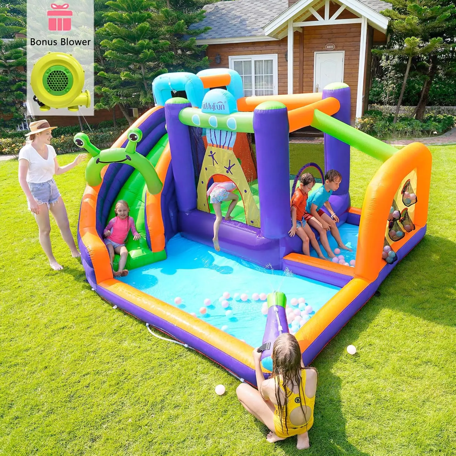 HECCEI巨大インフレータブルウォーターバウンスハウス（トランポリン、ウォータースライダー、プール付き）、750W送風機とキャリーバッグ付き