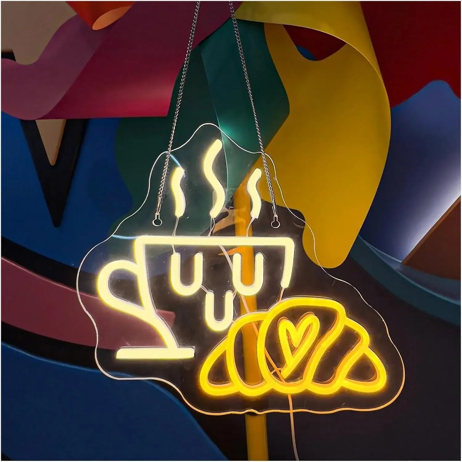 Coffee Croissant Neon Sign LED Wall Art USB Powered Warm Glow Lamp Cafe Bakery Breakfast Kitchen Dining Room Hanging Decor Light