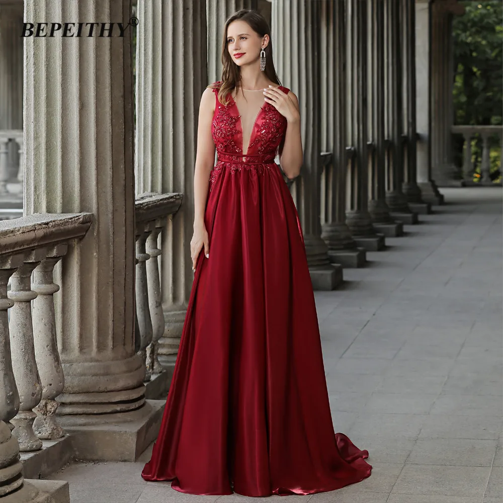 BEPEITHY Customized New Sexy Scoop Evening Dresses Party Dress For Women Red Backless A Line Prom Gown Sleeveless Robe De Soirée