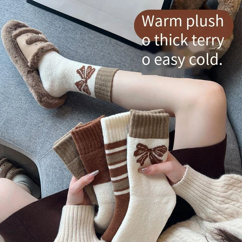 

Japanese Style Plush Terry Winter Socks for Women - Thick Fleece-Lined Crew Socks, Soft & Warm Cold Weather Socks cute