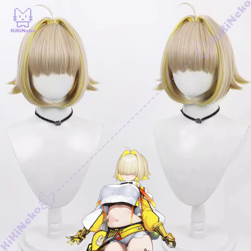 

Game Nikke Elegg Cosplay Wig Short Light Brown Wig with Yellow Highlights Cosplay Hair For Hallowmas Party Adult
