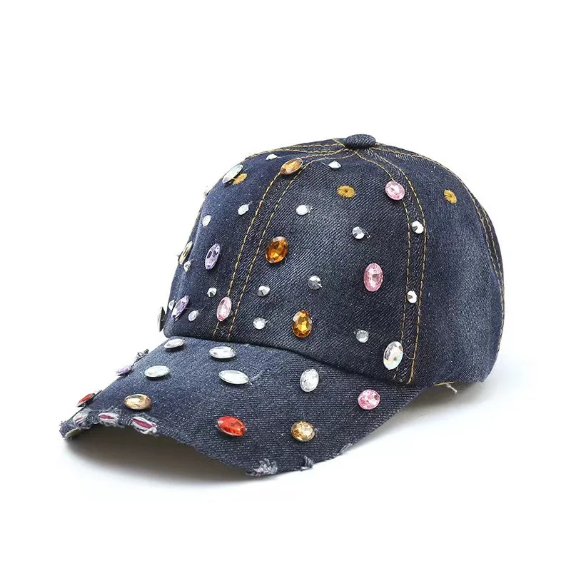 Colourful Rhinestone Denim Cap Vintage Washed Baseball Cap Denim Duckbill Cap Couples' Sun-Shielding Baseball Hat