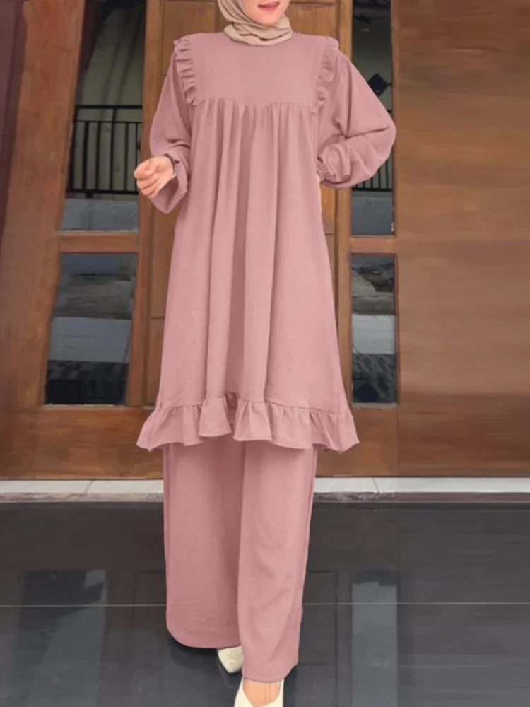 Ramadan Eid Muslim Set Two Piece Shirt &Pants Women Suits Shirt Blouse Musulman Ensembles Moroccan Kaftan Islamic Dress Sets