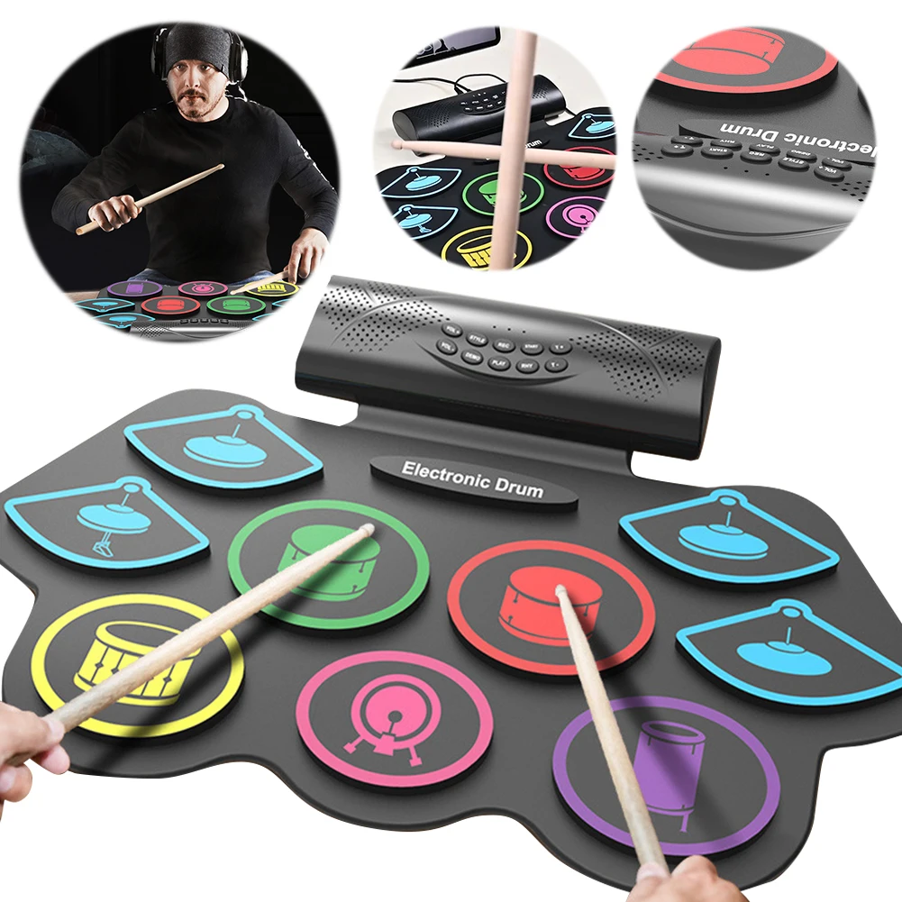

Electronic Drum Set with Drum Sticks and Pedals Roll-Up Drum Practice Pad BT Electric Drum Set for Kids Xmas Birthday Gift