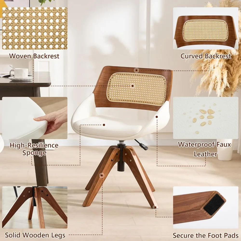 Conjunto de 4 cadeiras de jantar giratórias estofadas em couro sintético, cadeiras altas ajustáveis em nogueira, braços e pernas de madeira de cozinha confortáveis