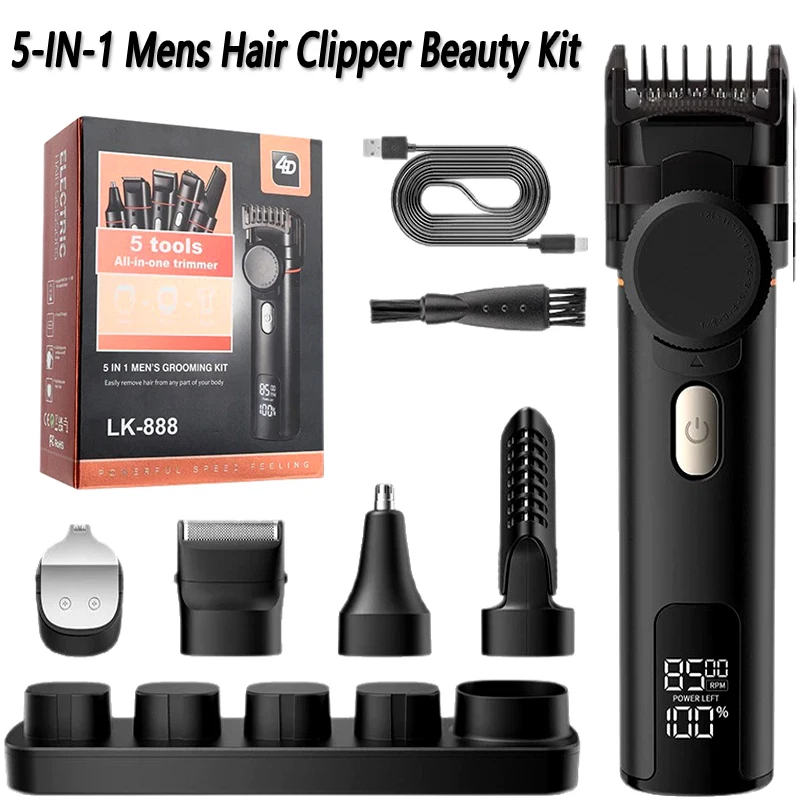 5-in-1 Men's Hair Clipper Electric Hair Trimmer 8500RMP Multifunctional Trimmer Electric Shaver Ear Nose Hair Trimmer Beauty Kit