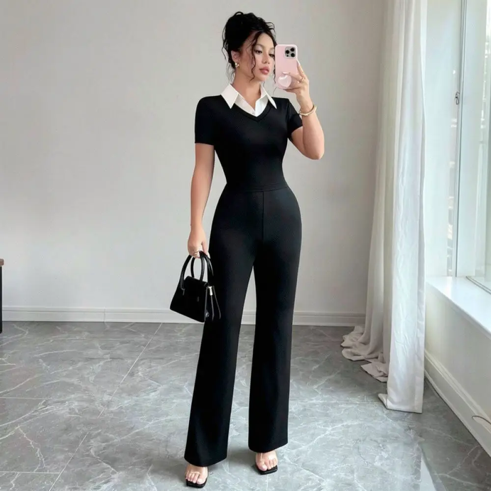 Slim Waist Womens Jumpsuit Shirt Collar Romper Elegant Patchwork Design Casual Office Professional Workwear Summer Playsuit