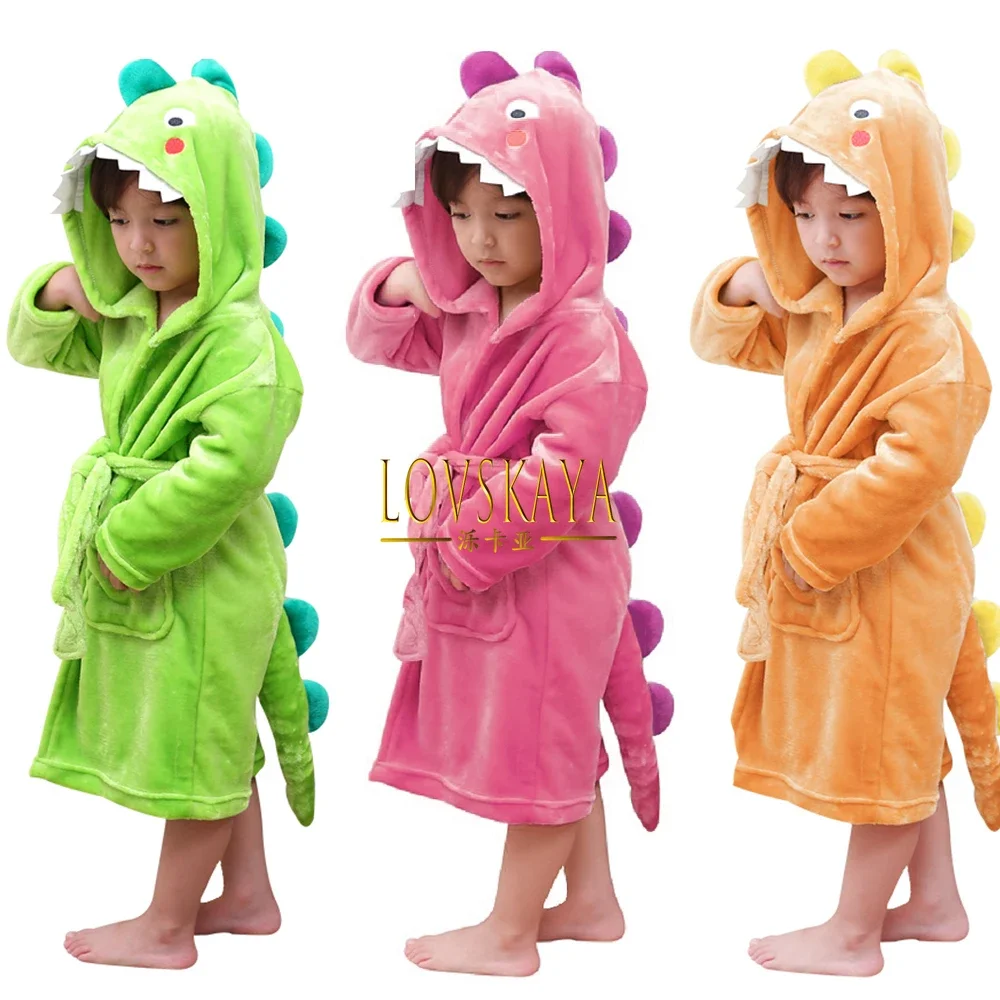 Dinosaur Flannel Fleece Robe Kids Plush Hooded Bathrobe for Boys Girls Sleepwear Dressing Gown Gift