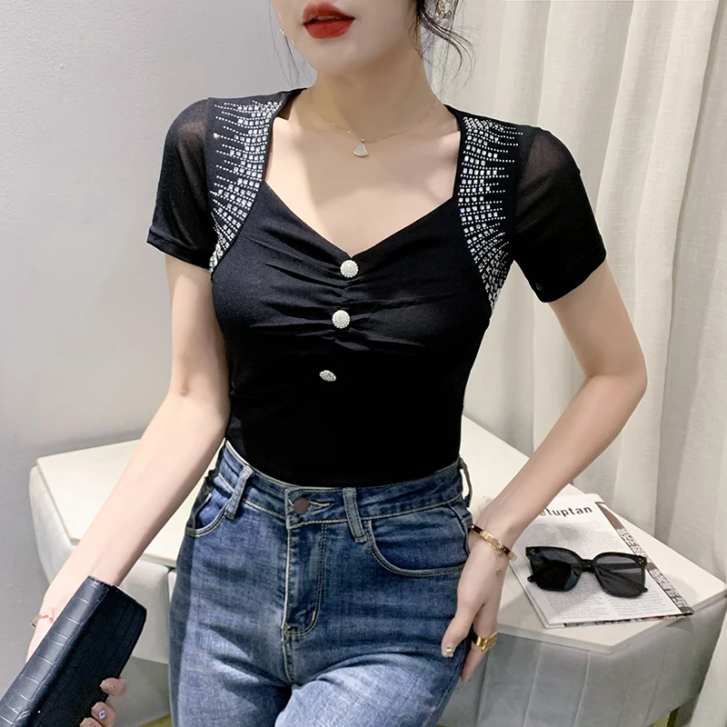 Black Summer Korean Style Mesh T-Shirt Chic Sexy Button Shiny Diamonds Women Tops Short Sleeve Casual Hand Made Tees New 43312