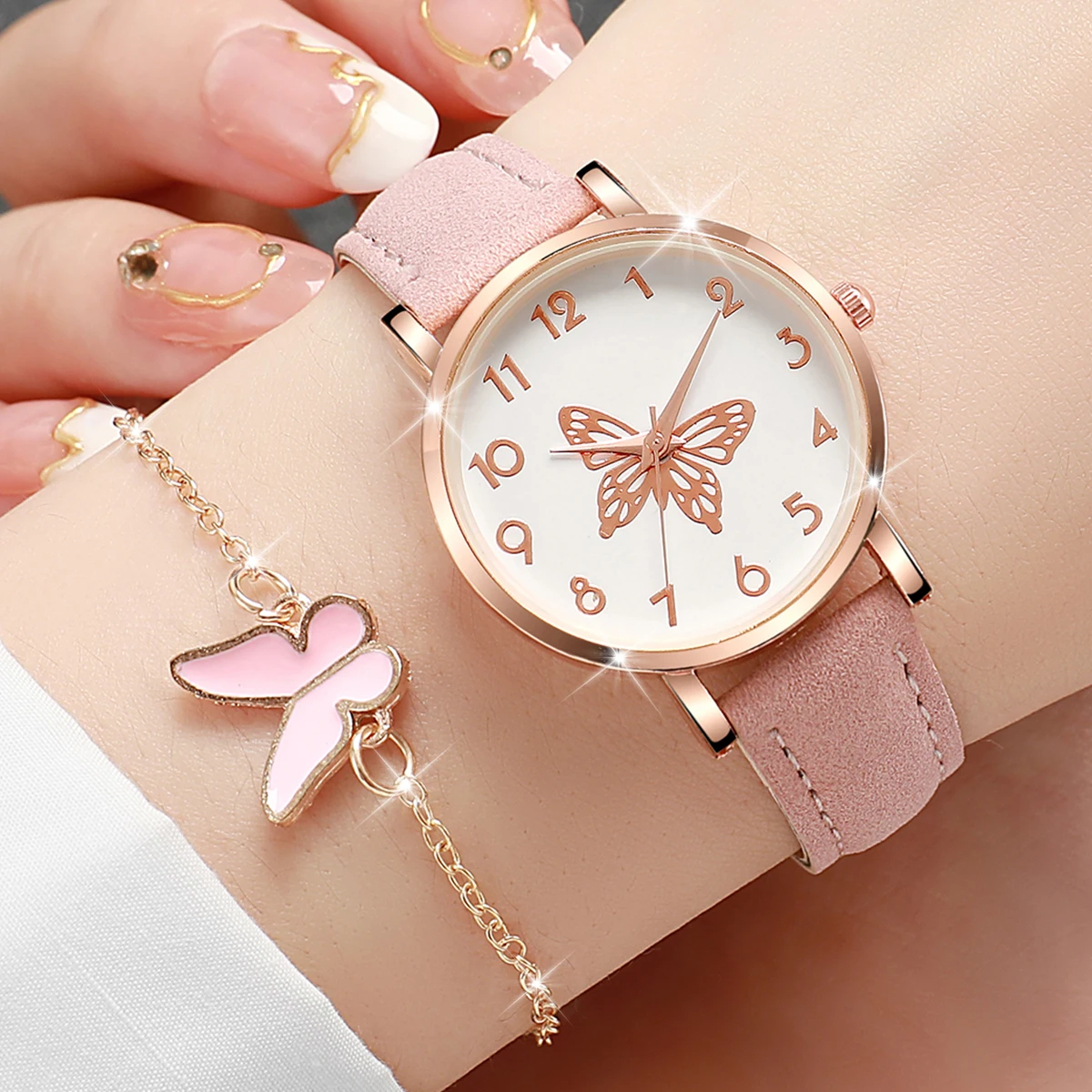 6PCS/Set Women\'s Watch Fashion Butterfly Dial Leather Band Quartz Watches Jewelry Set（Without Box）