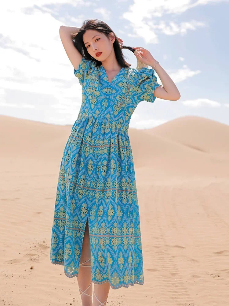 

Gypsylady Boho Vintage Embroidery Midi Dress Cotton Blue Puff Sleeve Sexy Holiday Women Boho Ladies Beach Chic Dresses Vestidos