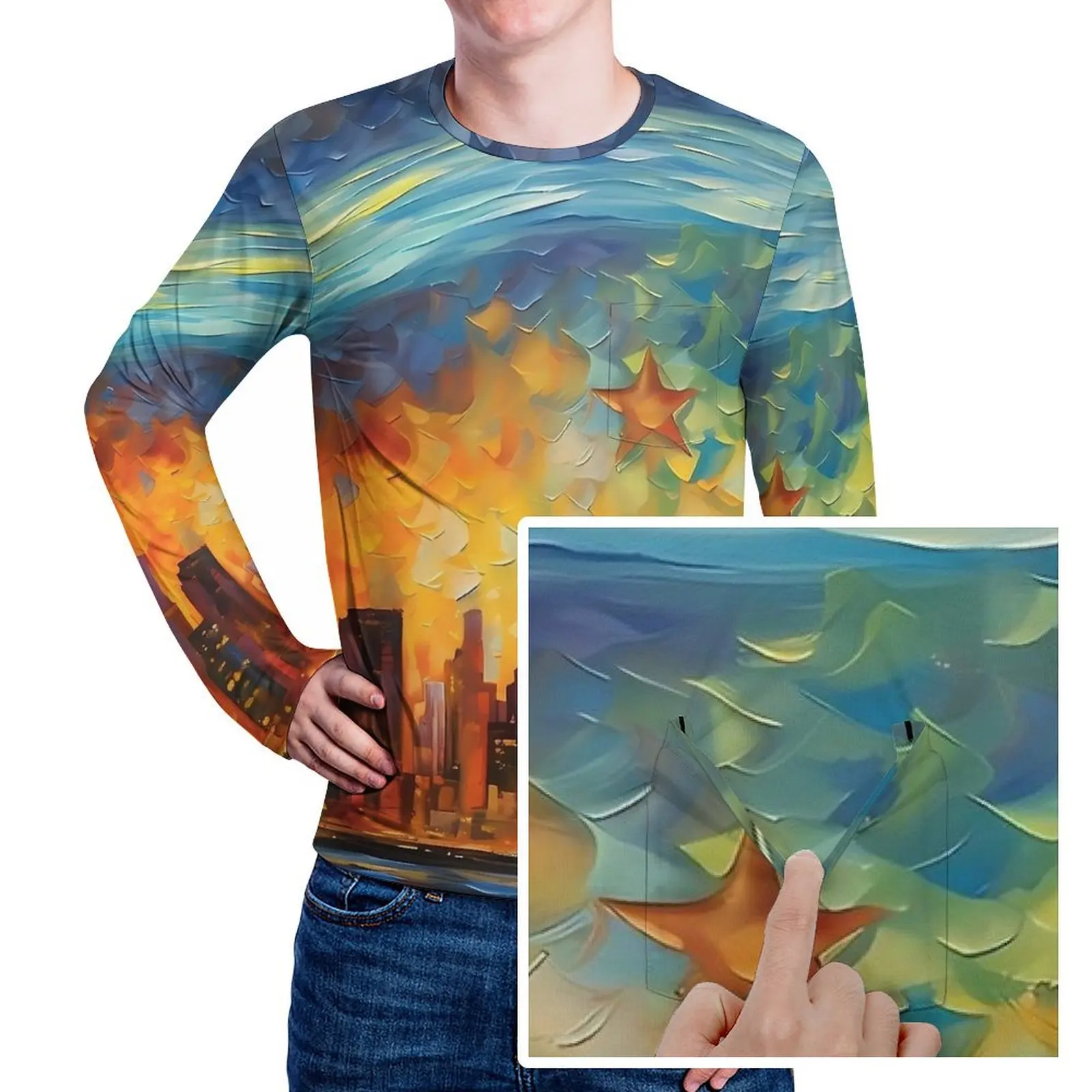 Van Gogh T Shirt With Pocket Abstract Starry Night Retro T-Shirts Man Fun Tshirt Long Sleeve Graphic Clothes Plus Size