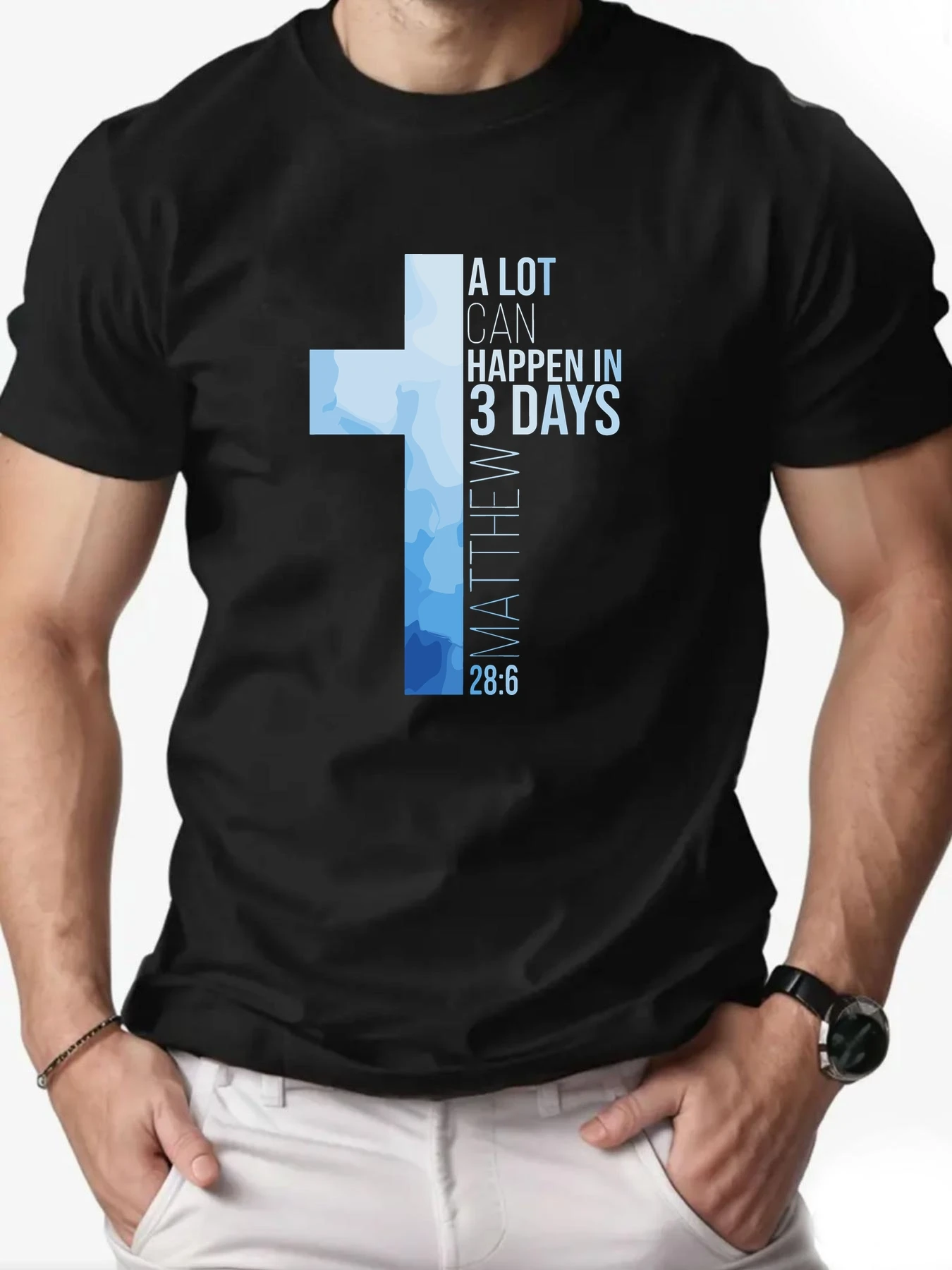 

Men T-Shirt 100% Cotton Cross Bible Verse (Matthew 28:6) Print Religious Faith Design Round Collar Tee Summer Breathable