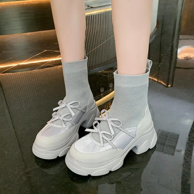 

Универсальные ботинки-носки, осенние новые вязаные дышащие туфли на нескользящей платформе с круглым носком и нескользящими рукавами