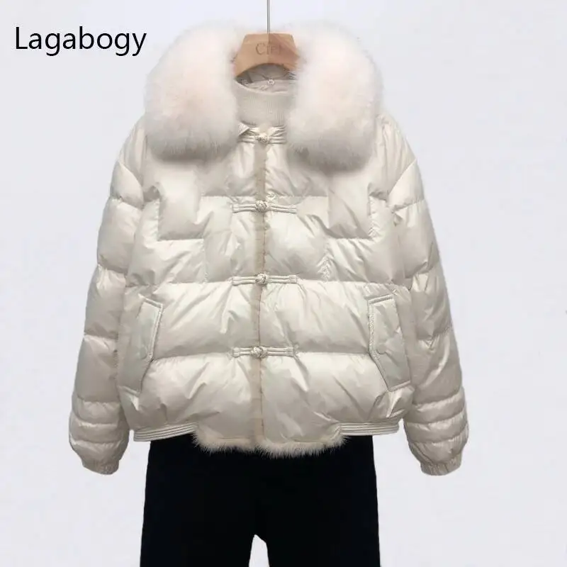 Lagabogy 2025 Vera Pelliccia di Volpe Collo di Inverno Delle Donne 90% Piumino D'anatra Bianca Della Signora Breve Caldo Piumino Cappotto Femminile Allentato Vintage Parka