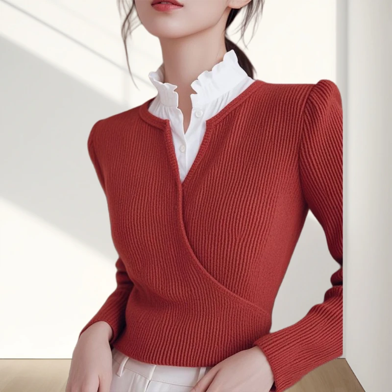 Spring Autumn New Solid Color V-neck Long Sleeve Fashion Sweater Women High Street Casual Pullovers Elegant All-match Chic Tops