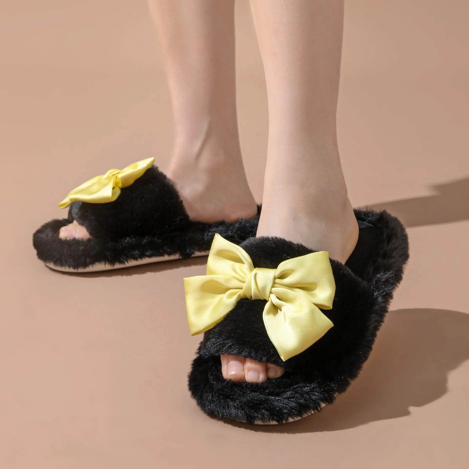 Ribbon Bow Women Home Slippers 2024 Autumn Winter Plush Solid Female Flat Slippers Soft Sole Non Slip Floor Lady Indoor Shoes