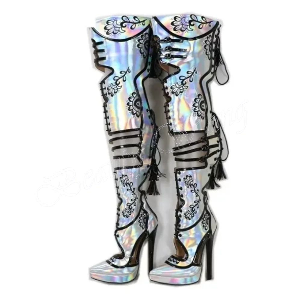 Silver Hollow Platform Boots Flower Decor Buckle Thigh High Thin Heel Shoes for Women High Heel 2023 Black Zapatillas Mujer