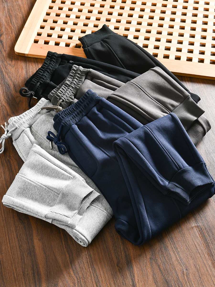 

Men's Thickened Elastic Waist Straight Leg Sporty Casual Sweatpants Winter Youth Fashion Pure Color Cotton Polyester Blend