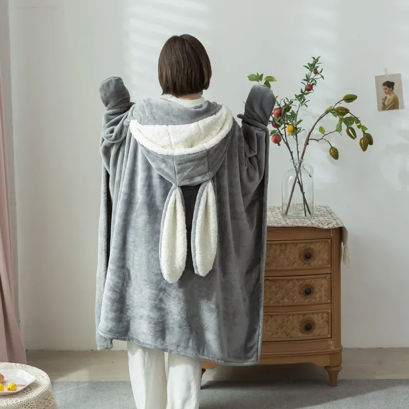 

Cute Thickened Warm Blanket Soft Flannel Fleece Rabbit Ear Hooded Cloak Soft Plush Nap Sofa Winter Sleeping Wearable Blanket