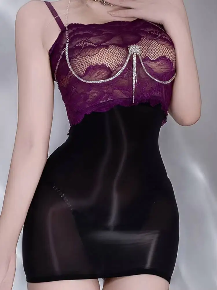 Lingerie sexy viola per adulti, gonna aderente in pizzo lucido, set di seduzione ultra-sottile, setoso e liscio, trasparente senza cavallo